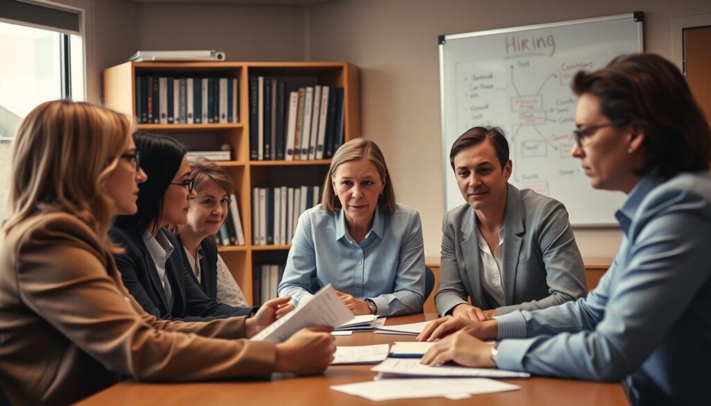 A classroom setting with a group of serious-looking university staff members gathered around a table, engaged in a discussion. The lighting is soft and warm, creating a professional yet inviting atmosphere. The participants are dressed in formal business attire, leaning in attentively as they review documents and notes. In the background, a bookshelf filled with reference materials and a whiteboard with keywords and diagrams related to the hiring process. The overall scene conveys a sense of focused preparation and diligence as the staff members collaborate to ensure a successful recruitment strategy.