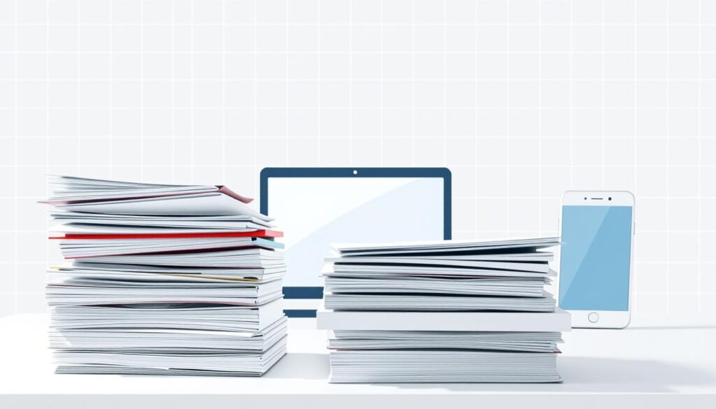 A clean, minimalist illustration of career resources for job seekers. In the foreground, a stack of neatly organized files, folders, and documents representing various job search materials. In the middle ground, a laptop and smartphone symbolizing online job search tools and networking platforms. The background features a subtle grid or graph paper pattern, evoking a sense of structure, analysis, and strategic planning. The lighting is soft and diffused, creating a calming, professional atmosphere. The color palette is muted, featuring shades of gray, blue, and white to convey a sense of focus and productivity.