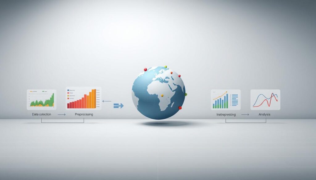 A clean, minimalist illustration of the spatial data analysis process. In the foreground, a series of colorful graphs, charts, and data visualizations depict the key steps - data collection, preprocessing, analysis, and interpretation. The middle ground shows a 3D globe, representing the geographical context, with data points and vector lines overlaid. In the background, a grid of abstract geometric shapes and patterns subtly convey the computational and mathematical foundations of the process. Soft, indirect lighting creates depth and emphasizes the analytical yet elegant nature of the workflow. The overall composition strikes a balance between technical precision and visual simplicity, reflecting the sophisticated yet accessible nature of spatial data analysis.