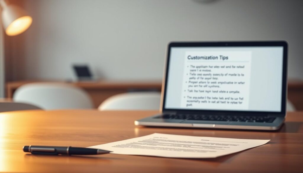 A clean, minimalist template of a job application letter on a wooden desk, illuminated by warm, soft lighting from the side. In the foreground, a pen and paper with the title "Job Application Letter Template" visible. In the middle ground, a laptop showing a document with the title "Customization Tips" and bullet points outlining methods to personalize the template. The background features a blurred, neutral office environment, creating a focused, professional atmosphere.