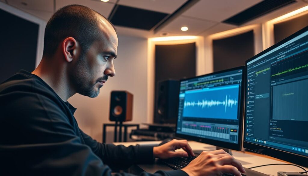 A clean, modern music studio with a professional audio engineer intently focused on a computer monitor, meticulously adjusting audio waveforms and settings during the mastering process. The room is bathed in a warm, subtle lighting, with high-end studio monitors and sound-dampening acoustic panels visible in the background. The engineer's brow is furrowed in concentration, their hands delicately manipulating the various controls and sliders on the screen, fine-tuning the final polish and balance of the musical track. The atmosphere is one of quiet professionalism, as the engineer applies their technical expertise and keen auditory senses to elevate the audio to its optimal state.