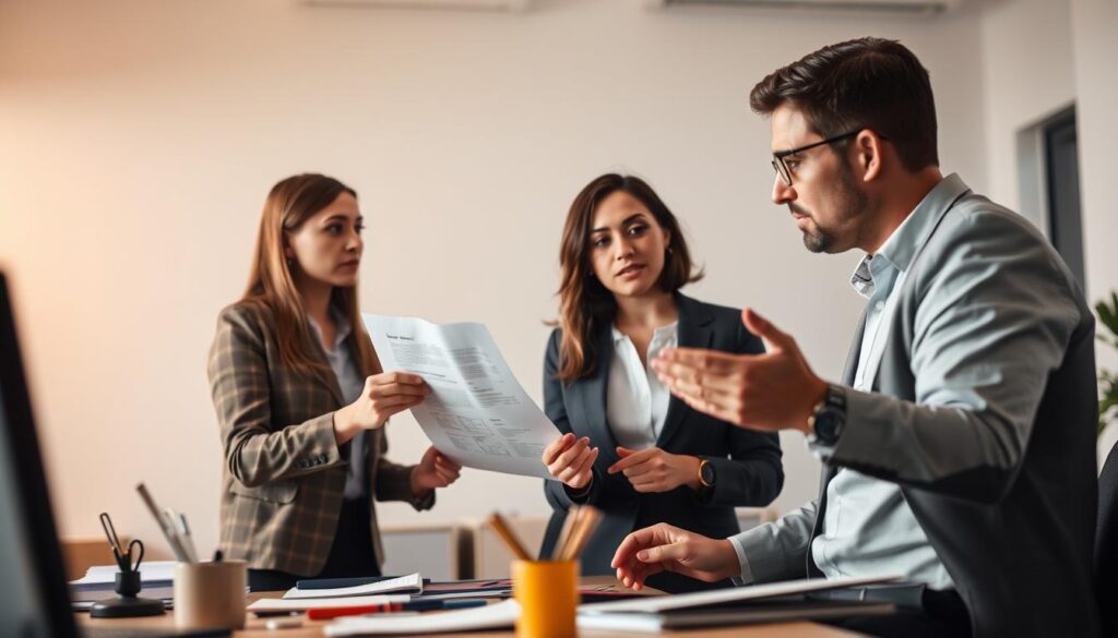 A clean, modern office environment. In the foreground, two professional-looking individuals are engaged in a discussion, one holding a document and the other gesturing animatedly. The contrast between their body language and facial expressions suggests a nuanced difference in their roles - one is meticulously reviewing content, the other thoughtfully providing feedback. The middle ground features a cluttered desk with various stationery items, hinting at the attention to detail required in their work. The background is softly blurred, creating a sense of focus on the key figures and their interaction. Warm, indirect lighting casts a subtle glow, conveying a serious yet collaborative atmosphere. The overall scene visually highlights the distinct responsibilities of a proofreader and an editor.