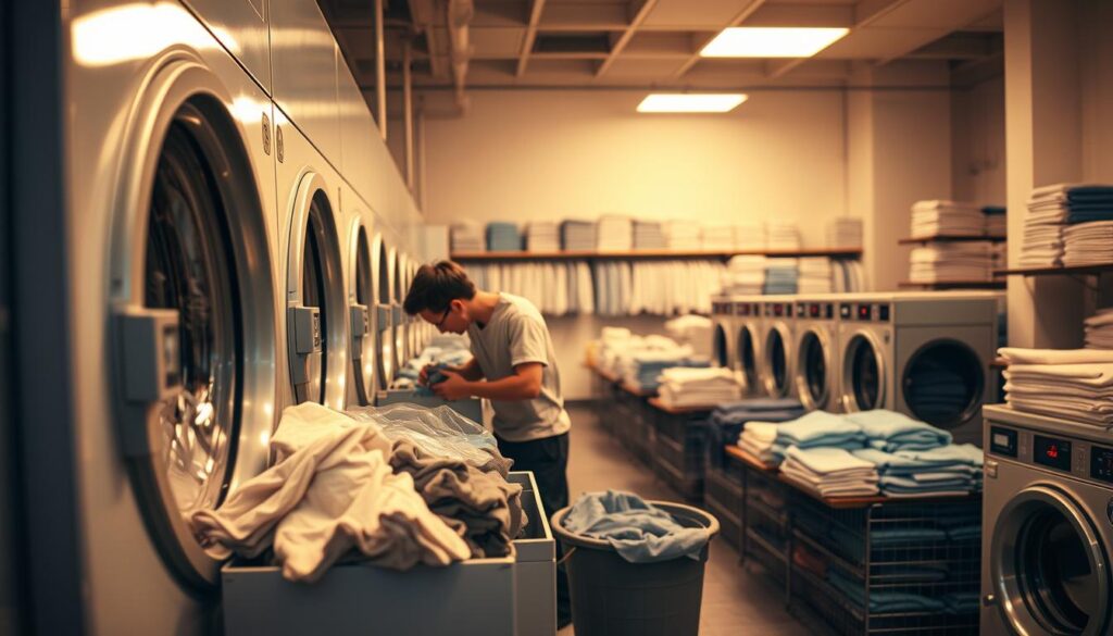 A clean, well-lit commercial laundromat. In the foreground, a skilled worker carefully sorts and loads dirty clothes into an industrial washing machine, their movements precise and efficient. In the middle ground, rows of dryers hum softly as freshly cleaned fabrics tumble and steam. The background reveals racks of neatly folded, freshly pressed garments, ready for delivery. The lighting is warm and even, casting a soothing glow over the entire scene. The atmosphere conveys the importance of attention to detail and the satisfaction of a job well done in the daily operations of a professional cleaning establishment.