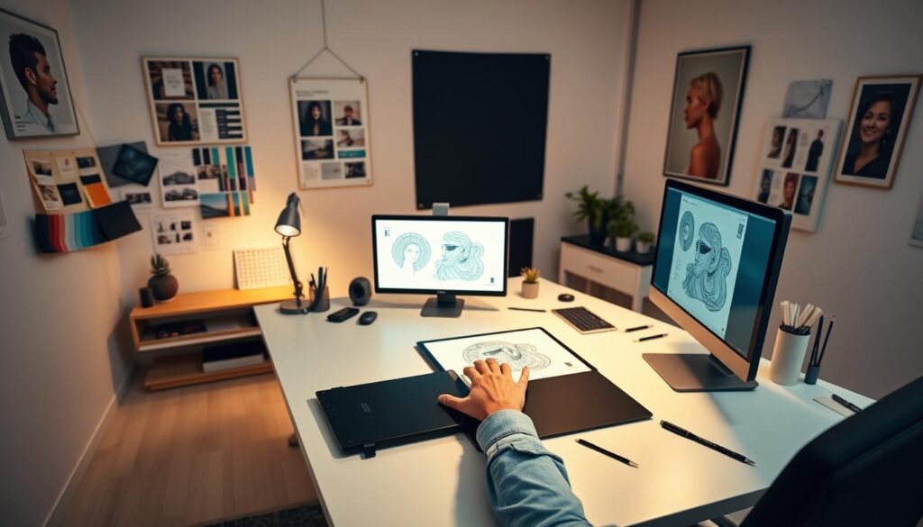 A clean, well-lit studio space with a large work desk at the center. On the desk, a powerful desktop computer, a high-resolution graphics tablet, and an array of design tools and stationery. The walls are adorned with mood boards, color palettes, and inspirational artwork. In the foreground, an editorial designer intently focused on their screen, hands gracefully manipulating a digital illustration. Subtle ambient lighting casts a warm, productive glow across the scene. The overall atmosphere is one of creative focus and methodical workflow, reflecting the discipline and artistry of the editorial design profession.
