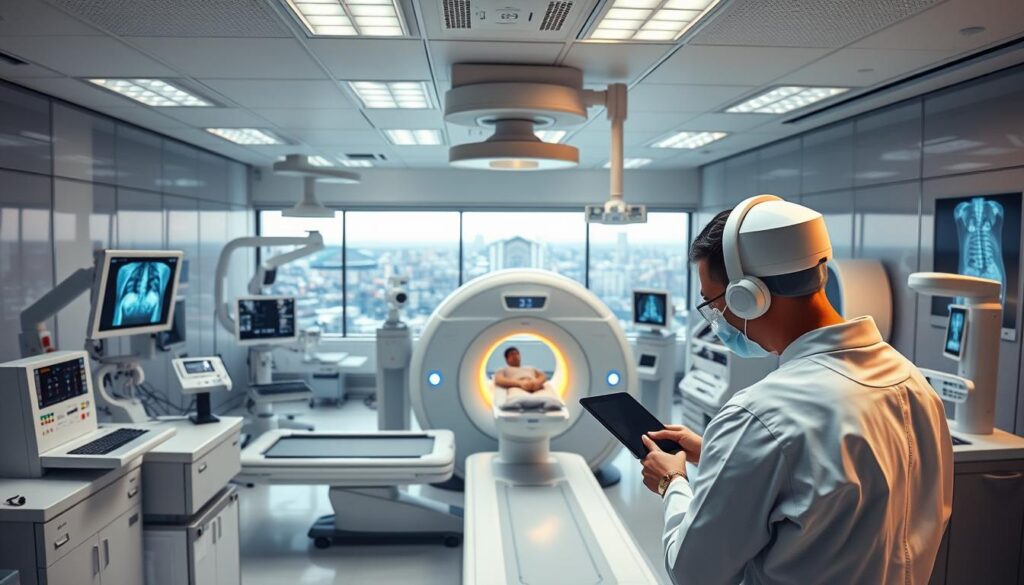 A clinical laboratory filled with state-of-the-art medical imaging equipment, bathed in a warm, professional glow. In the foreground, a technician deftly operates a high-resolution digital scanner, capturing intricate details of a patient's anatomy. The middle ground showcases the latest diagnostic tools - MRI machines, X-ray imagers, and robotic surgical assistants, all seamlessly integrated to provide comprehensive, cutting-edge healthcare. The background reveals a panoramic view of the bustling hospital, a testament to the rapid evolution of modern medicine and the critical role of skilled medical imaging professionals in shaping its future.