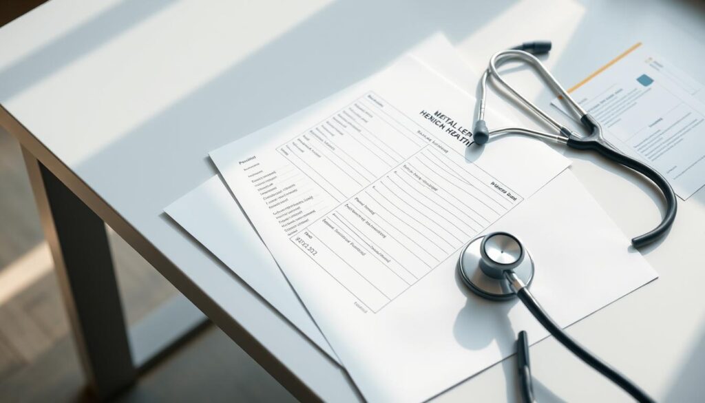 A clinical medical chart displayed on a sleek minimalist desk, with a stethoscope and prescription pad nearby. The chart contains a patient's personal health information, including a section on mental health history. The lighting is soft and natural, creating a contemplative atmosphere. The overall scene conveys the sensitive nature of disclosing one's mental health status, with a sense of thoughtfulness and care in how this information is handled.