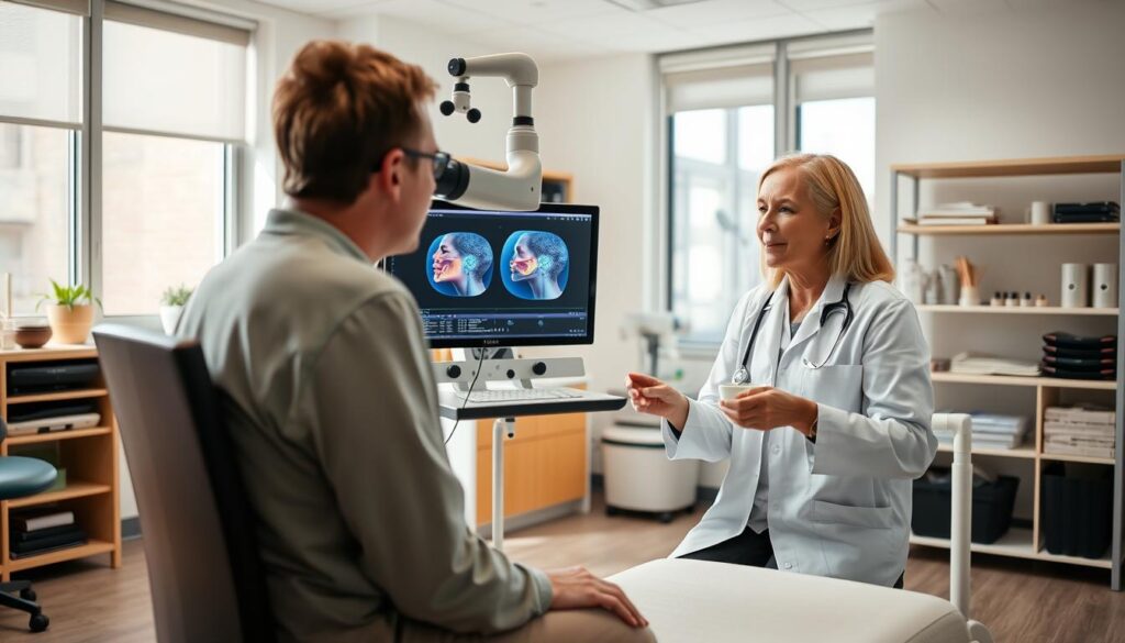 A clinical speech-language pathologist conducting a swallowing assessment with a patient in a modern, well-equipped therapy room. The clinician is using specialized diagnostic equipment to observe the patient's oral and pharyngeal movements, assessing any difficulties with deglutition. The room is brightly lit with natural light from large windows, creating a calming, professional atmosphere. The clinician is dressed in a white lab coat, attentively monitoring the patient's progress on a nearby computer screen. In the background, shelves hold various therapy tools and reference materials. The scene conveys the clinician's expertise and dedication to providing comprehensive, patient-centered care.