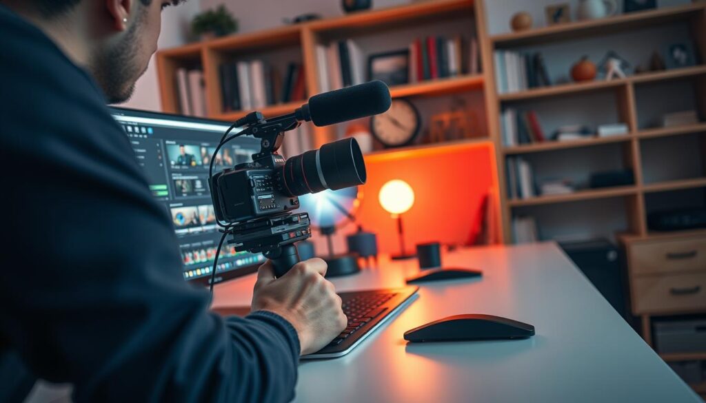 A close-up shot of a YouTuber's hands skillfully operating a professional camera, microphone, and video editing software on a sleek, modern desk. The scene is bathed in warm, diffused lighting that casts a soft, cinematic glow, emphasizing the YouTuber's focused expression and the array of high-tech equipment. In the background, a bookshelf showcases an assortment of technical manuals and creativity-inspiring trinkets, reflecting the YouTuber's dedication to their craft. The overall atmosphere conveys a sense of professionalism, passion, and the technical expertise required to succeed as a YouTuber.