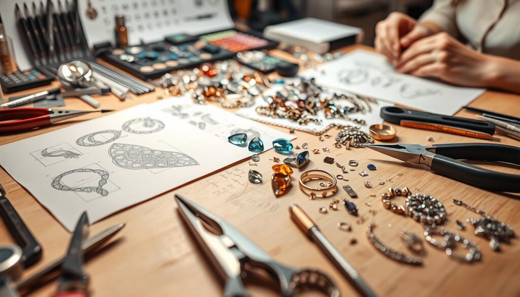 A close-up view of a jewelry designer's workspace, showcasing a variety of tools and materials used in the creative process. In the foreground, intricate sketches and design concepts are scattered across a well-lit workbench, accompanied by a range of jeweler's tools, including pliers, tweezers, and a loupe. In the middle ground, a variety of precious stones, metals, and findings are neatly organized, hinting at the designer's attention to detail and meticulous craftsmanship. The background features a softly blurred image of the designer's hands, carefully manipulating the materials, capturing the intimate and focused nature of the jewelry design process.