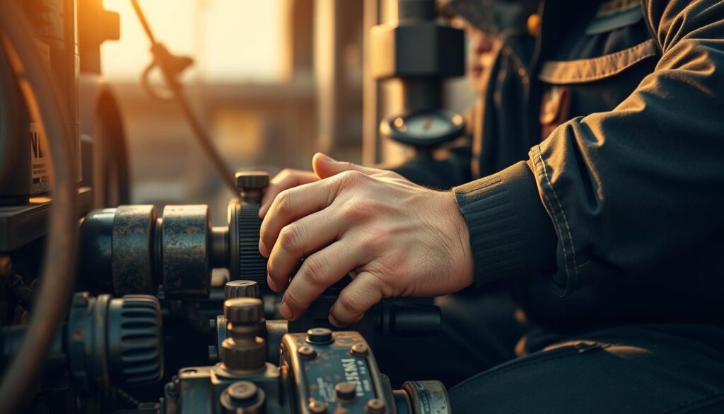 A close-up view of a skilled driller's hands operating a powerful rotary drilling rig, with a focus on the intricate controls and tools of the trade. The scene has a sense of rugged professionalism, with the driller's face partially obscured in the background, emphasizing the technical expertise required. The lighting is warm and directional, casting dramatic shadows that highlight the textures of the machinery. The background is blurred, placing the driller's hands and the drilling equipment in sharp focus, conveying the importance of specialized skills and qualifications for this demanding occupation.