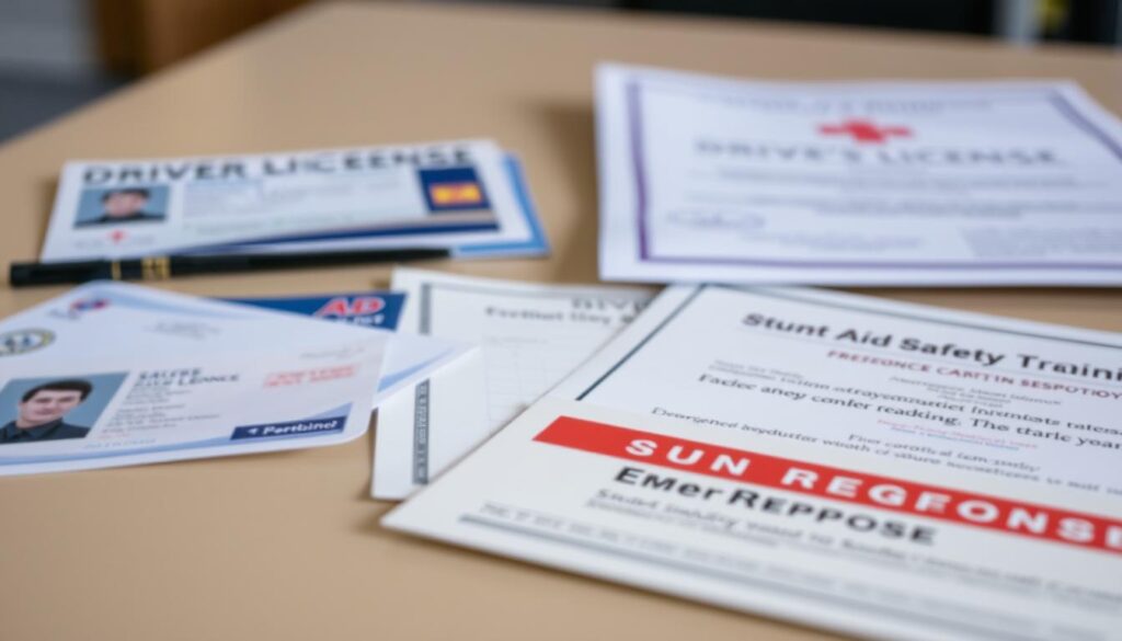 A close-up view of a table displaying a variety of professional licenses and certifications, including a driver's license, first aid certification, stunt safety training certificate, and emergency response credentials. The items are arranged neatly, with a soft, natural lighting illuminating the scene. The background is blurred, emphasizing the focus on the necessary qualifications for a stunt performer's career. The overall atmosphere conveys a sense of professionalism, attention to detail, and the importance of proper training and documentation in the stunt industry.