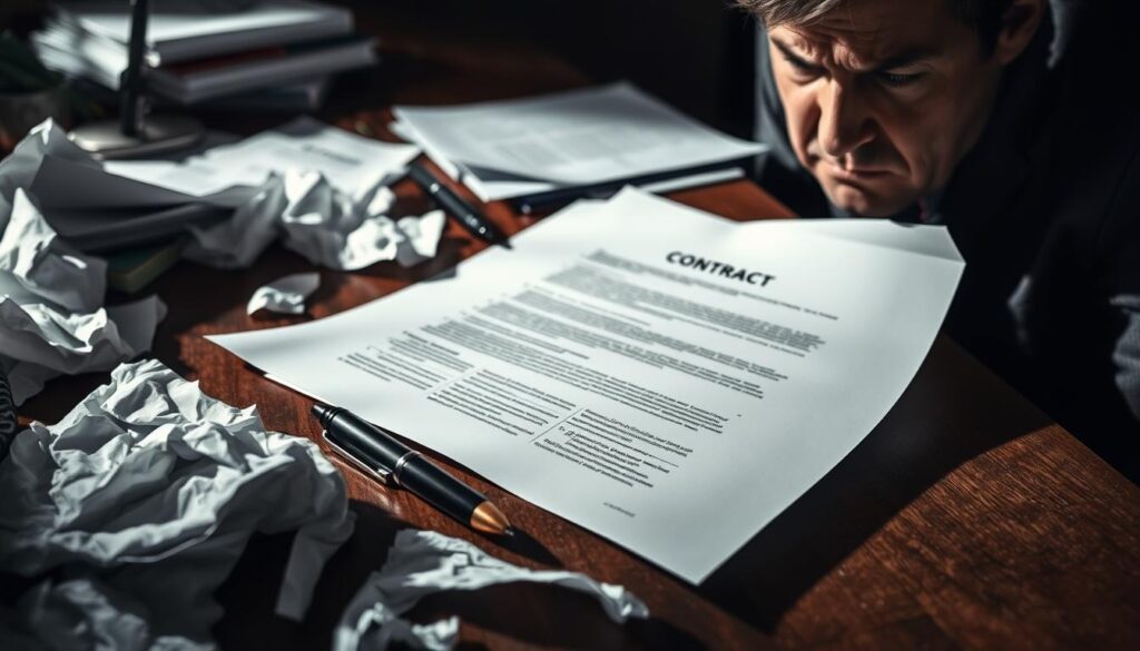 A cluttered office desk, with a contract document lying open, surrounded by a mess of crumpled papers, a leaking ink pen, and a furrowed brow expression on the face of the person sitting at the desk. The lighting is harsh, casting deep shadows, conveying a sense of frustration and confusion. The background is slightly out of focus, emphasizing the central focus on the contract and the person's expression. The overall atmosphere suggests a scene of misunderstanding and uncertainty regarding the legal implications of the contract.