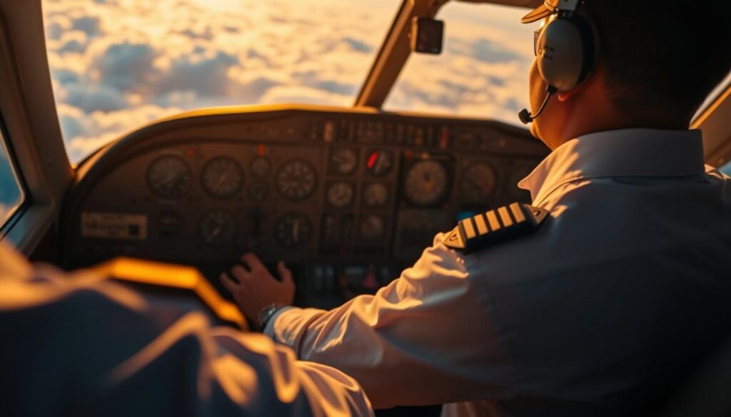 A cockpit interior with a pilot in the foreground, dressed in a crisp uniform, hands on the controls. In the middle ground, a dashboard filled with an array of dials, switches, and displays. In the background, a panoramic view of clouds and blue sky through the windshield. Warm, golden lighting casts a focused, professional atmosphere. The camera angle is slightly elevated, providing a sense of the pilot's perspective and the responsibilities they hold. Detailed textures and realistic proportions convey the technical nature of the pilot's work environment.