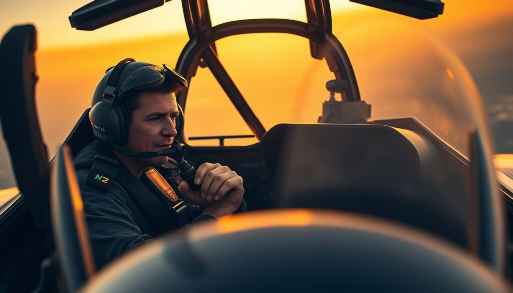 A cockpit of a sleek fighter jet, with a seasoned pilot at the controls, their hands deftly maneuvering the joystick. The pilot's face is visible, expression focused and determined, showcasing the intense concentration and decision-making skills required for the role. The interior of the cockpit is bathed in a warm, golden light, creating a sense of urgency and purpose. In the background, the horizon is visible through the canopy, hinting at the vast expanse of the sky and the pilot's mastery of high-speed, high-altitude flight. The overall scene conveys the technical expertise, split-second decision-making, and situational awareness that are the hallmarks of an accomplished pilot.