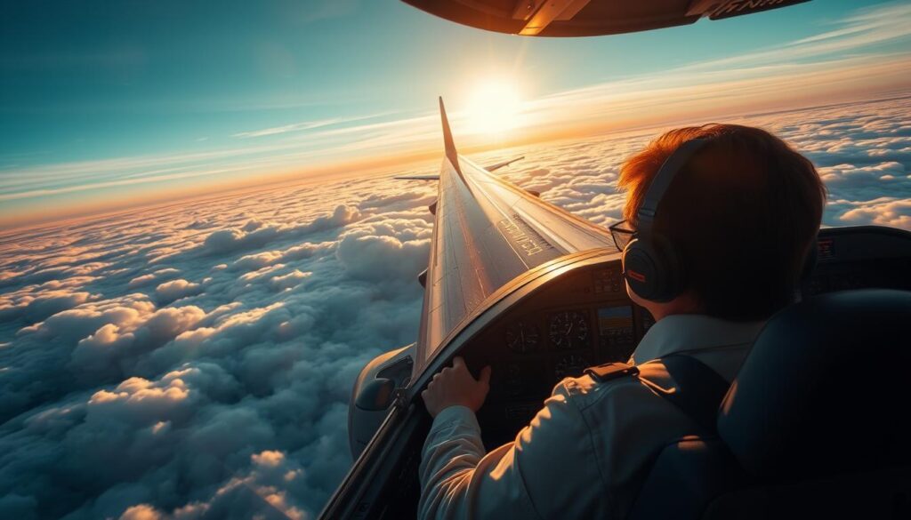 A cockpit view of a commercial airliner soaring through the clouds, its sleek wings cutting through the sky. In the foreground, a pilot attentively monitors the instrument panel, their hands steady on the controls. The cockpit is bathed in a warm, golden light, evoking a sense of confidence and professionalism. In the background, the horizon stretches out, hinting at the vast possibilities and opportunities that await this skilled aviator. The scene conveys the exciting future of a career as a pilot, where mastery of technology and unwavering focus are the keys to navigating the skies with grace and precision.
