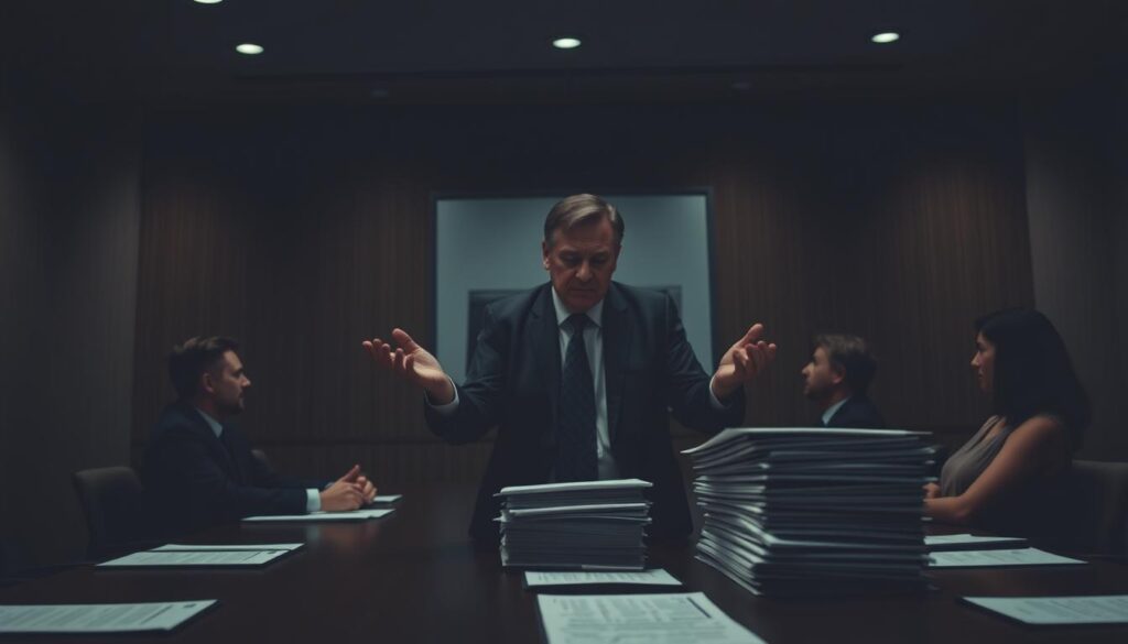 A company boardroom, dimly lit with a somber mood. In the center, a frustrated executive gestures to a stack of resignation letters, symbolizing the impact of post-acceptance turnover. The room's atmosphere conveys a sense of disappointment and uncertainty, as the executives grapple with the consequences of losing valuable new hires. The camera angle is slightly elevated, capturing the weight of the situation from an authoritative perspective. Muted colors and subtle textures create a palpable tension, underscoring the gravity of the issue facing the company.