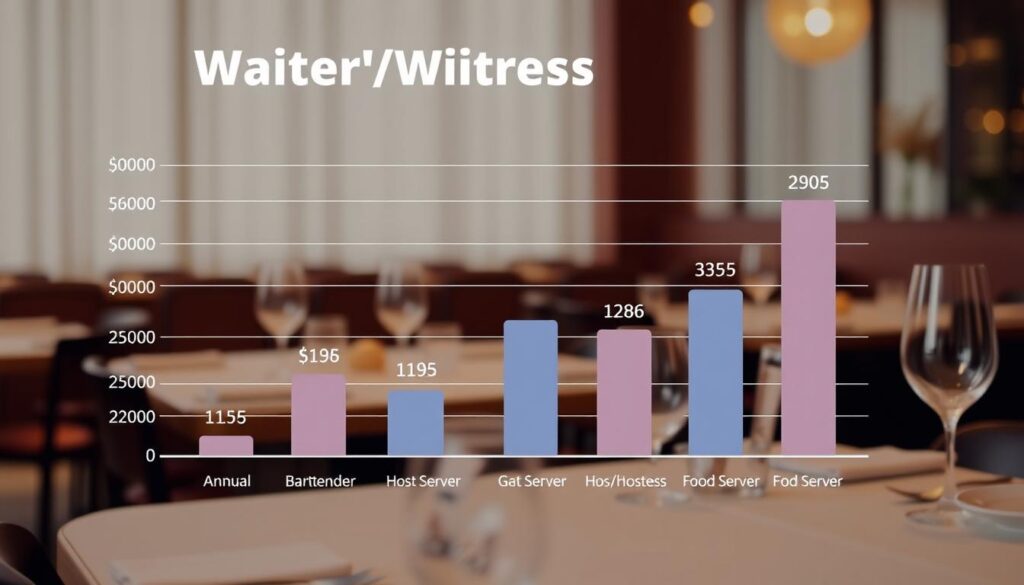 A comparative bar chart depicting the annual incomes of a waiter/waitress alongside related occupations such as bartender, host/hostess, and food server, set against a muted background of soft, blurred restaurant decor - wooden tables, wine glasses, and subtle lighting. The chart is rendered in a clean, infographic style with minimal text, allowing the visual data to convey the key information. The overall tone is professional and informative, designed to seamlessly integrate into the article's section on comparative earnings in the service industry.