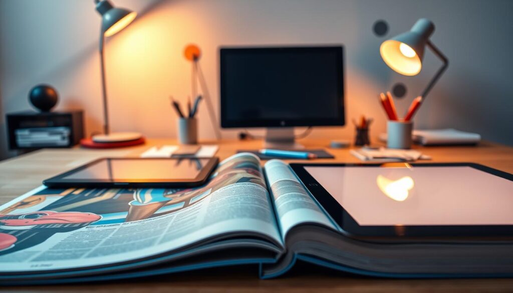 A comparison of paper and digital design, showcasing the unique attributes of each medium. In the foreground, crisp, tactile pages of a magazine with vibrant colors and rich textures, contrasted by the sleek, backlit display of a tablet. The middle ground blends these two worlds, with a designer's desk featuring both analog and digital tools - a sketchpad, pens, and a computer screen. The background evokes the creative process, with abstract shapes and lines suggesting the flow of ideas between physical and digital realms. Soft, warm lighting illuminates the scene, creating a contemplative atmosphere as the designer considers the merits of paper and digital design.