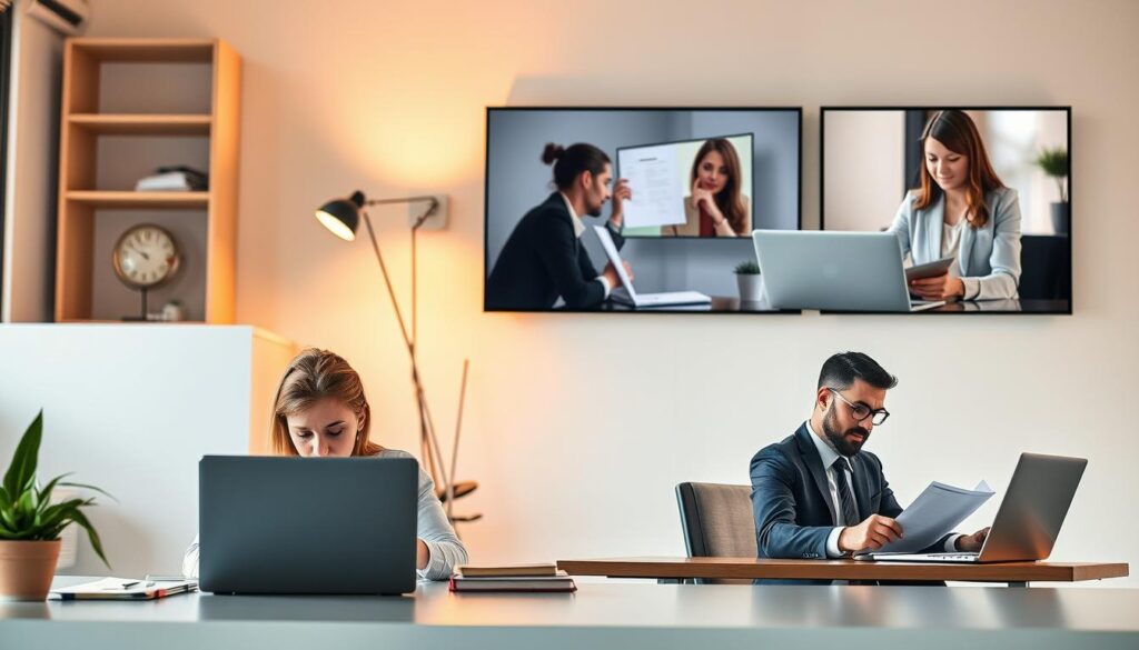 A comparison of proofreading work styles, depicting four individuals in a clean, minimalist office setting. In the foreground, a freelance proofreader works from a laptop, bathed in warm, natural lighting. In the middle ground, an in-house proofreader diligently reviews documents at a desk, surrounded by reference materials. In the background, two remote proofreaders collaborate via video call, their faces illuminated by the soft glow of their screens. The scene conveys a sense of professionalism, efficiency, and the diverse employment options available to proofreaders in the modern workplace.