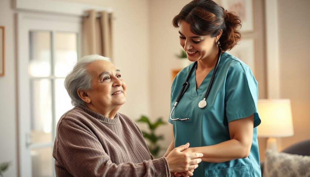 A compassionate caregiver, standing tall with a warm smile, tending to an elderly person with care and patience. The scene is bathed in a soft, natural light, capturing the gentle connection between the two. The caregiver's attentive posture and kind eyes convey a genuine desire to assist, while the senior's appreciative expression reflects the trust and comfort they feel. The background is a cozy, domestic setting, with subtle details that suggest a comfortable, familiar environment. This image portrays the ideal qualities of a dedicated home care worker - empathy, attentiveness, and a genuine commitment to improving the lives of those in need.