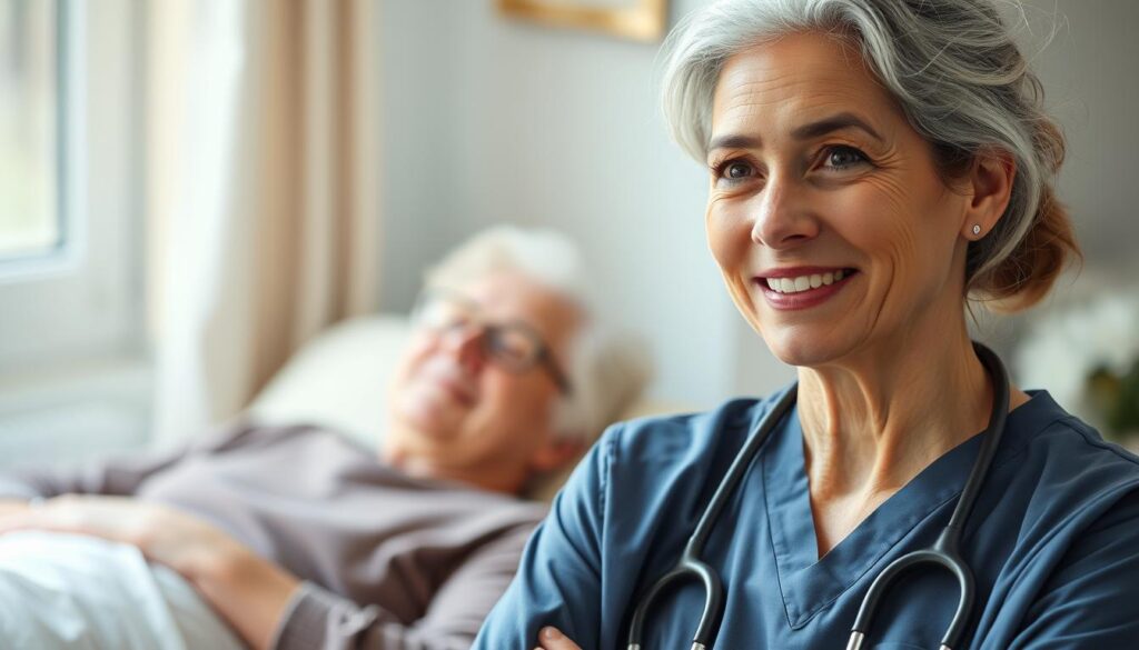 A compassionate caregiver stands with a warm, empathetic expression, their gaze radiating kindness. In the background, a serene elderly person rests peacefully, conveying the caregiver's dedication to patient well-being. The scene is bathed in soft, natural lighting, creating a calming, nurturing atmosphere. The composition highlights the caregiver's attentive posture and the tranquil interaction, reflecting the essential qualities of care, patience, and emotional intelligence required for this noble profession.
