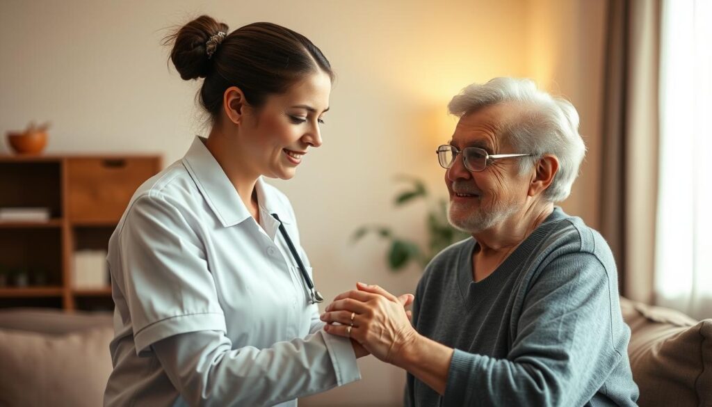 A compassionate home care worker, dressed in a crisp uniform, providing gentle assistance to an elderly person in their comfortable living room. Warm lighting highlights the caregiver's focused expression as they help the client with daily tasks, fostering a sense of dignity and independence. The scene conveys the caregiver's dedication to improving the client's quality of life through personalized, attentive care. Soft, muted tones create a serene, intimate atmosphere, emphasizing the meaningful connection between the two individuals.