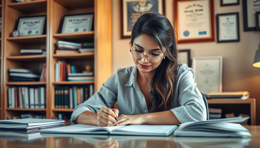 A compassionate social worker sits at her desk, working diligently on a case file. Warm lighting illuminates the room, casting a soft glow on her face as she scribbles notes, her expression one of deep concentration and purpose. Framed diplomas and certificates adorn the walls, testifying to her expertise and dedication. In the background, a bookshelf overflows with volumes on psychology, social work, and community development, reflecting her commitment to continuous learning. The scene conveys a sense of quiet determination and the profound satisfaction that comes from helping others in meaningful ways, capturing the essence of a welfare professional's rewarding career.