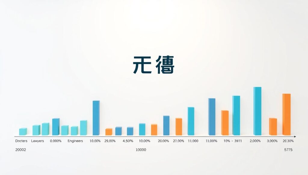 A comprehensive comparison of annual salaries for various professional occupations, presented in a sleek and modern data visualization style. The foreground features a clean, minimalist layout with a well-organized grid of bar graphs, depicting the relative income levels of different professions such as doctors, lawyers, engineers, and photographers. The middle ground showcases the title "専門職の年収比較" in a bold, sans-serif typeface, complemented by a subdued gradient background. The overall lighting is soft and evenly distributed, creating a sophisticated and informative atmosphere suitable for the article's analytical section on a photographer's salary.