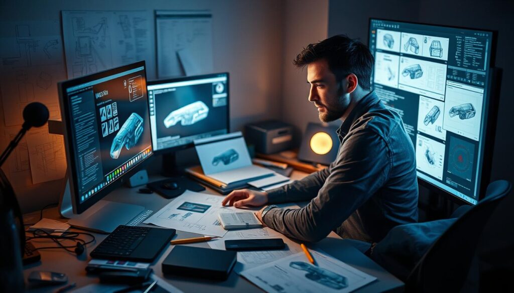 A conceptual designer working on a complex digital product, sitting at a desk surrounded by sketches, wireframes, and computer screens. Soft, directional lighting illuminates the scene, creating a focused, contemplative atmosphere. The designer's expression is one of deep concentration as they refine a 3D model on their screen, carefully considering every detail. The desk is cluttered with various design tools and reference materials, reflecting the multi-faceted nature of the conceptor's work. The overall scene conveys the intellectual, iterative, and highly technical aspects of the conceptor's role in the product development process.