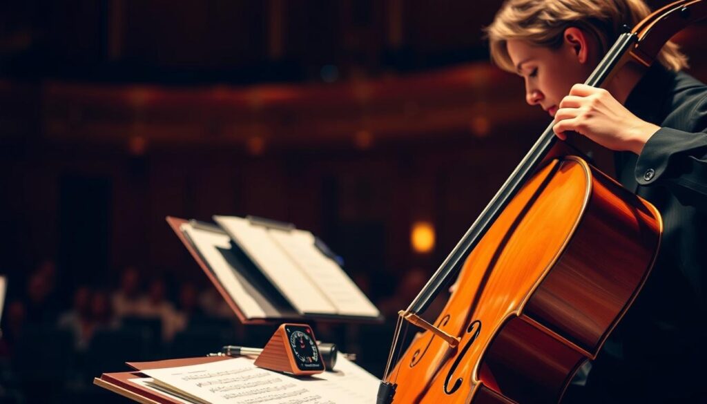 A concert hall stage, dimly lit with warm, golden tones. In the foreground, a cellist sits poised, their fingers expertly dancing across the strings, creating a haunting, resonant melody. The cellist's face is focused, their posture upright and graceful, embodying the discipline and dedication required for this craft. In the middle ground, music sheets and a metronome rest on a mahogany music stand, hinting at the intensive training and practice necessary to master the cello. The background is blurred, suggesting a sense of depth and the broader musical world the cellist is part of. The scene conveys the artistry, technical mastery, and lifelong commitment inherent in the education and training of a professional cellist.