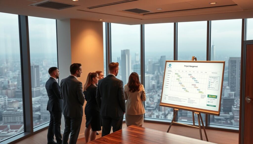 A conference room with a modern, minimalist design. In the foreground, a large white board displays a Gantt chart and project management diagrams, illuminated by warm overhead lighting. In the middle ground, a team of business professionals in formal attire huddles around a wooden table, engaged in lively discussion. The background features floor-to-ceiling windows overlooking a bustling cityscape, suggesting a high-rise office setting. The scene conveys a sense of collaborative productivity and strategic planning towards the successful completion of a complex project.