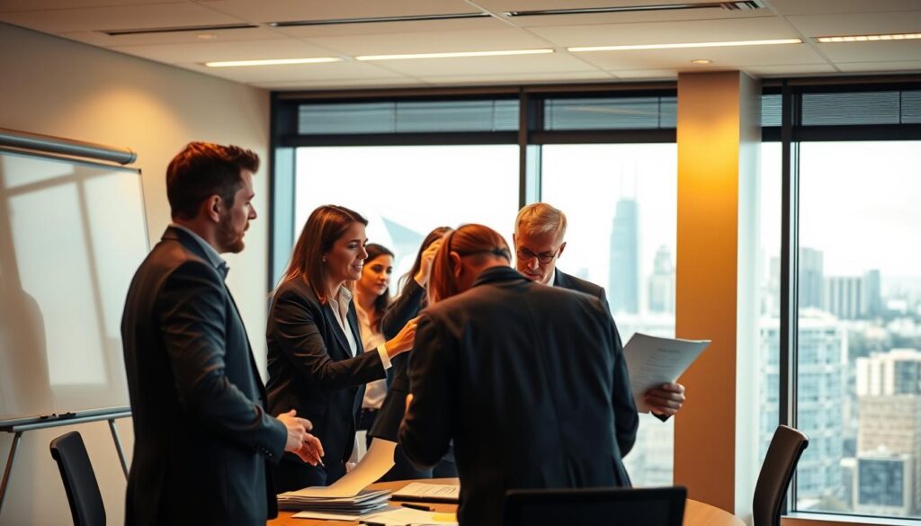 A conference room with a whiteboard and presentation materials. In the foreground, a team of business consultants huddle around a table, analyzing data and discussing solutions. Warm, focused lighting illuminates the scene, creating a professional atmosphere. The consultants' expressions convey deep thought and engagement as they work to understand the client's challenges. In the background, a city skyline is visible through large windows, suggesting the high-level strategic context of their work. The overall composition evokes a sense of collaborative problem-solving and expertise.