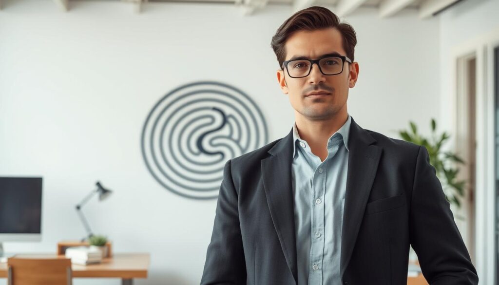 A confident and resilient professional stands tall, their gaze reflecting determination and a sense of purpose. The scene is set in a modern office environment, with clean lines, neutral tones, and minimal decor creating an atmosphere of focus and productivity. Soft, directional lighting illuminates the subject, highlighting their poise and composure. In the background, a stylized visual metaphor, such as a maze or a winding path, symbolizes the challenges and obstacles that the "出戻り転職" individual has overcome to achieve success. The overall mood conveys a sense of accomplishment, growth, and the empowering potential of embracing one's professional journey, regardless of its twists and turns.