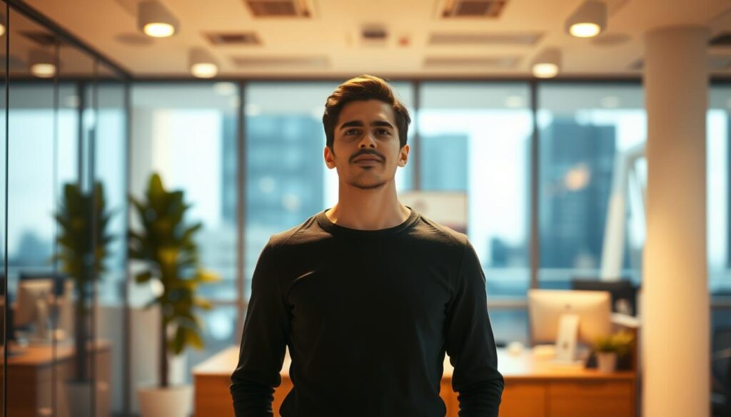 A confident, determined person standing in a modern office setting, facing a new challenge with an open, positive mindset. The figure is bathed in warm, focused lighting, their expression conveying a sense of resolve and anticipation. In the background, a blurred cityscape or office scene suggests the larger context of the transition. The overall mood is one of calm determination, with a sense of optimism and preparedness for the unknown ahead.