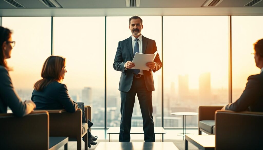 A confident, middle-aged man in a smart suit stands at the center of a modern office, papers in hand, outlining his independent consulting strategy to a team of colleagues. Warm, diffuse lighting illuminates the scene, creating a sense of professionalism and ambition. The background features a panoramic city skyline, hinting at the broader opportunities awaiting the consultant as he embarks on his entrepreneurial journey. Sleek, minimalist furniture and clean lines convey a sophisticated, forward-thinking aesthetic. The overall composition suggests a pivotal moment in the consultant's career, where his expertise, determination, and vision are poised to propel him towards a successful, independent future.
