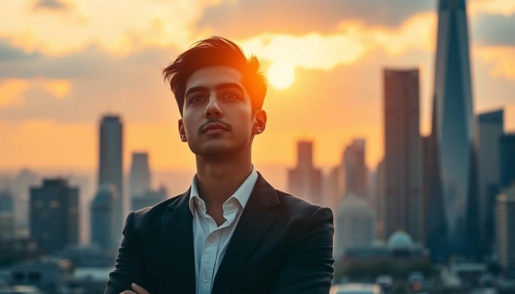 A confident person standing in front of a cityscape, gazing thoughtfully into the distance. The scene is bathed in warm, golden hour lighting, creating a sense of optimism and possibility. In the foreground, the person is dressed in professional attire, conveying a sense of determination and success. The cityscape in the background represents the new career path, filled with skyscrapers and modern architecture, suggesting the challenges and opportunities that lie ahead. The overall mood is one of transition, growth, and a sense of embracing a new chapter in one's professional life.