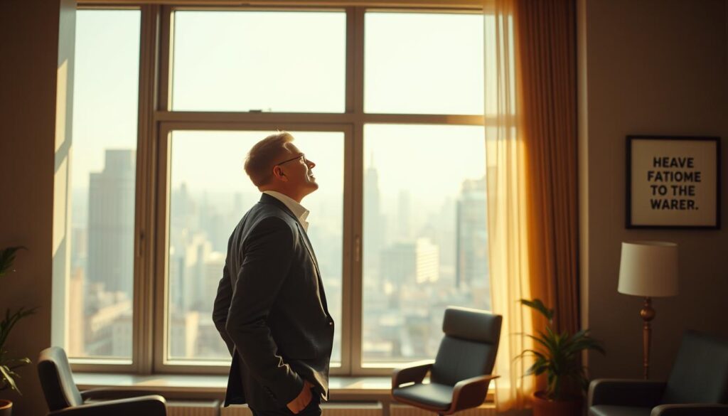 A confident professional in their 30s stands amidst a serene, sun-dappled office, gazing out a large window overlooking a bustling cityscape. Warm, muted lighting casts a contemplative glow, as they consider their next career move. The scene evokes a sense of determination and self-assuredness, with the subject's body language conveying a calm, focused mindset - ready to embrace the challenges and opportunities of a new professional chapter. Subtle hints of motivational quotes or inspirational imagery adorn the tastefully decorated space, reinforcing the idea of a thoughtful, intentional approach to career transition.