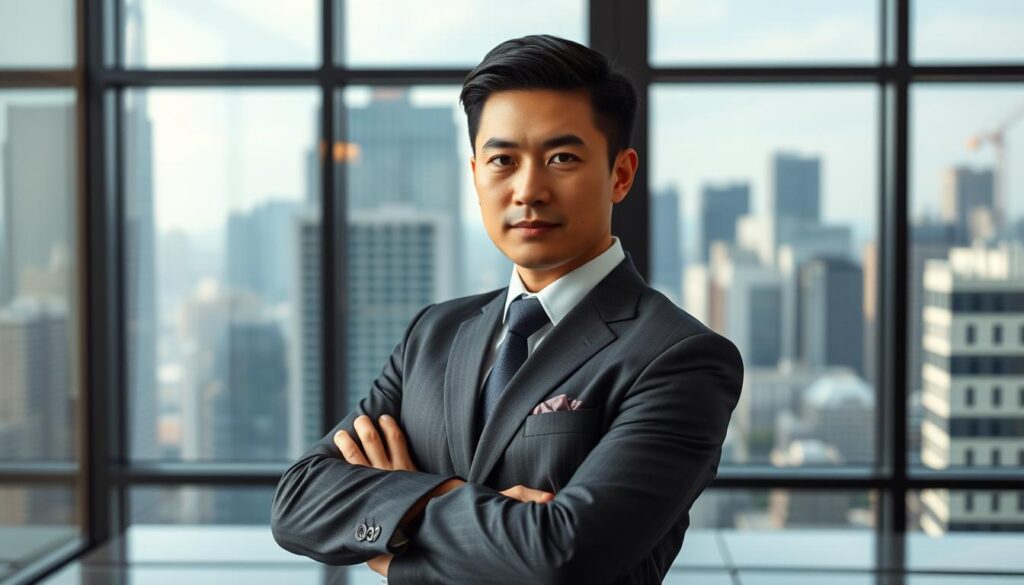 A confident professional stands in a focused pose, dressed in a sharp suit, conveying an air of readiness and capability. The background features a modern office setting with a large window overlooking a dynamic cityscape, hinting at the individual's ability to thrive in a fast-paced corporate environment. Soft, directional lighting accentuates the subject's determination, while a shallow depth of field directs the viewer's attention to the person's unwavering gaze - a visual embodiment of "即戦力アピール".