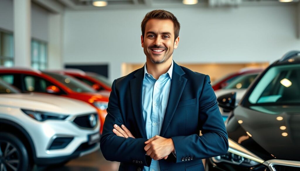 A confident, well-dressed professional standing in a sleek, modern showroom, surrounded by gleaming vehicles. The person's expression radiates a combination of expertise, approachability, and genuine enthusiasm for the products they represent. Soft, directional lighting highlights the individual's features, creating a sense of authority and competence. The background is minimalist, allowing the subject to take center stage, conveying the idea of a person perfectly suited for the demanding yet rewarding role of a car dealer.
