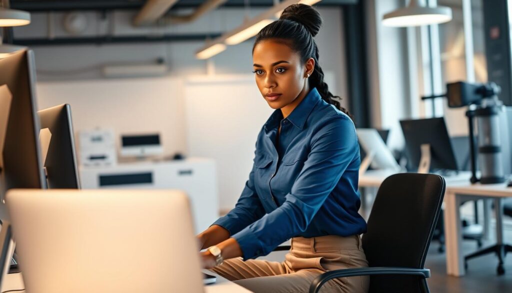 A confident woman in a blue collared shirt and khaki pants, working intently at a computer in a well-lit, modern office setting. Her expression is focused, her body language poised and engaged. The background features sleek, minimalist furniture and equipment, creating a professional, tech-forward atmosphere. The lighting is soft and diffused, casting a warm, productive glow. The camera angle is slightly elevated, highlighting the woman's determination and competence as a skilled engineer contributing to the field.