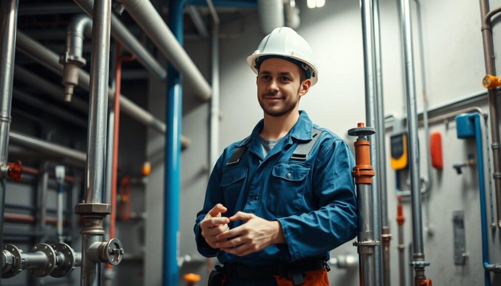 A construction worker wearing a blue jumpsuit, work boots, and a hardhat, standing in a well-lit, industrial setting with steel pipes, valves, and tools in the background. Their expression conveys a sense of focus and competence as they examine a pipe, ready to apply their technical expertise to maintain or repair the plumbing system. The scene is captured with a medium shot, emphasizing the worker's hands and the tools of their trade, creating an impression of the skills and problem-solving abilities required for the job of a plumber.