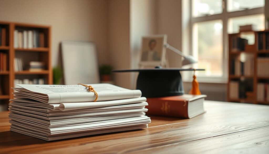 A contemplative, minimalist scene depicting the concepts of qualifications and education. In the foreground, a stack of academic certificates and diplomas sits atop a wooden desk, illuminated by warm, directional lighting. In the middle ground, a mortar board graduation cap rests next to a leather-bound book, symbolizing the path from learning to credentialing. The background is a serene, out-of-focus workspace, with subtle hints of bookshelves and a large window allowing soft, natural light to filter in, creating a tranquil atmosphere of scholarly pursuit. The overall composition conveys a sense of achievement, diligence, and the value placed on continuing education and professional development.