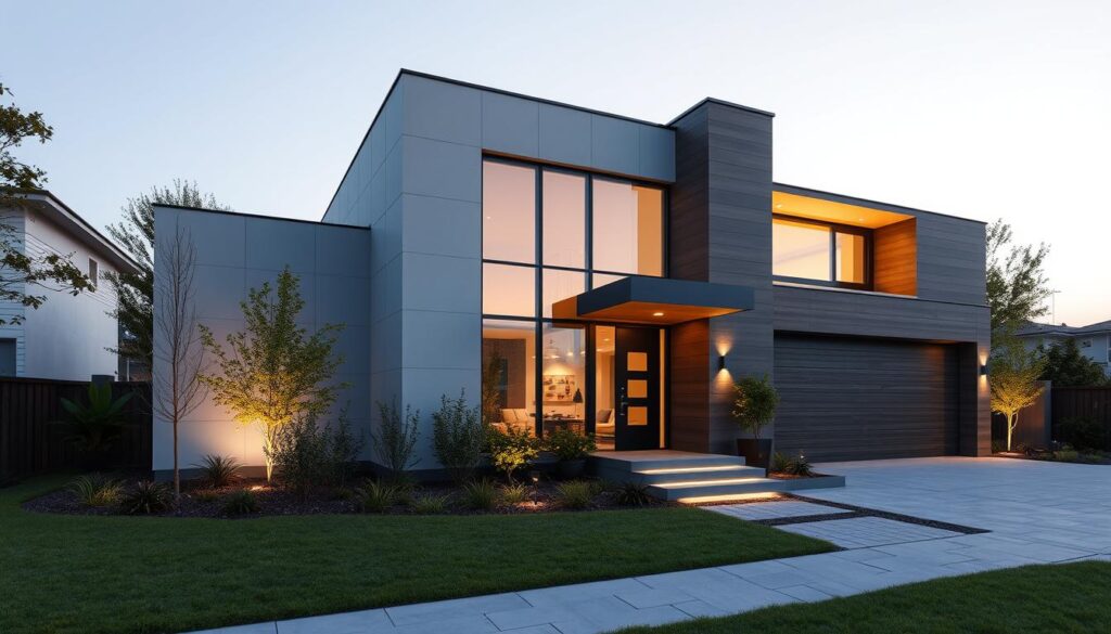 A contemporary exterior design featuring a sleek, minimalist facade with clean lines and a harmonious blend of natural and modern materials. The front entrance is accented by a prominent entry porch with large windows that flood the interior with natural light. The landscaping incorporates a well-manicured garden, strategically placed greenery, and a paved walkway leading to the front door. The overall aesthetic conveys a sense of sophistication, functionality, and a seamless integration with the surrounding environment. Warm, directional lighting enhances the architectural elements and creates a welcoming ambiance. The scene is captured from a slightly elevated angle to showcase the entire facade in an engaging, visually appealing composition.