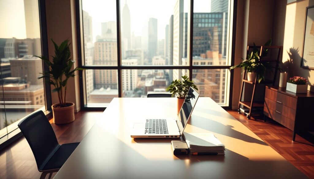 A contemporary office interior with a focused foreground highlighting key factors influencing annual income - education, experience, industry, location, and negotiation skills. The scene is bathed in warm, directional lighting to convey a sense of professionalism and opportunity. The middle ground features a stylish, minimalist desk setup with a laptop, documents, and a potted plant, while the background showcases large windows overlooking a bustling urban landscape. The overall atmosphere exudes a balance of productivity, ambition, and the potential for career growth.