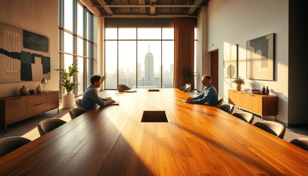 A contemporary office interior, with a large wooden conference table in the foreground. Sunlight streams in through tall windows, casting a warm glow over the minimalist furniture and decor. The walls are adorned with abstract artwork, creating a sense of sophistication. In the middle ground, two professionals sit across from each other, engaged in a serious discussion, their body language suggesting the gravity of the interview situation. The background features a skyline visible through the windows, hinting at the bustling urban environment beyond the confines of the room. The overall atmosphere conveys a sense of tension and anticipation, reflecting the significance of the "final interview" moment.