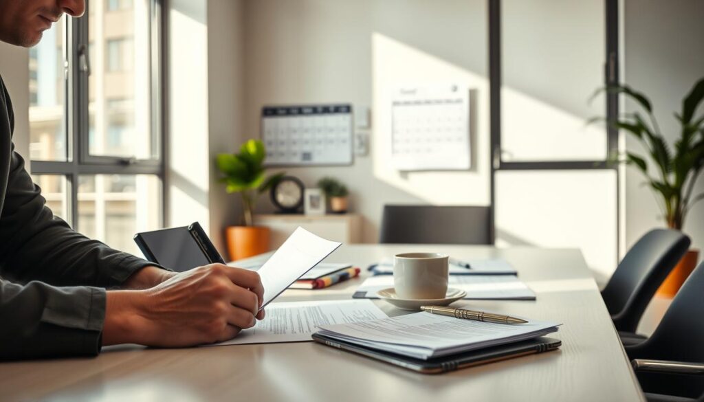 A contemporary office space with natural lighting cascading through large windows, illuminating a desk neatly organized with important documents, a laptop, and a cup of coffee. In the foreground, a person's hands are diligently filling out paperwork, meticulously attending to the necessary procedures during a career transition. The mid-ground features a calendar on the wall, highlighting the timeframe of the career gap. The background showcases a minimalist, yet professional decor, creating a calm and focused atmosphere for the task at hand.