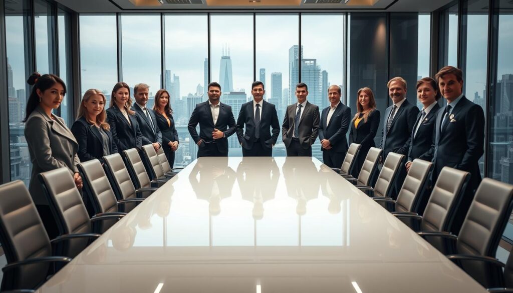 A corporate boardroom, bathed in soft, professional lighting. In the foreground, a group of well-dressed executives stand poised, their expressions conveying confidence and authority. In the middle ground, a large conference table dominates the scene, its polished surface reflecting the imposing presence of the room. The background features large windows, offering a glimpse of a bustling cityscape beyond, symbolizing the global reach and influence of the company. The overall atmosphere exudes a sense of power, discipline, and meritocratic success - the hallmarks of the ideal candidate sought by leading enterprises.