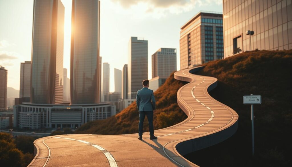 A corporate career path winding through a modern cityscape, with skyscrapers and towering glass buildings in the background. In the foreground, a figure representing a general manager stands at a crossroads, contemplating their next move. The scene is bathed in a warm, golden light, conveying a sense of progress and opportunity. Subtle visual cues, such as directional signs and navigational markers, guide the viewer's eye through the composition, reflecting the strategic decision-making and leadership required for a successful career trajectory.