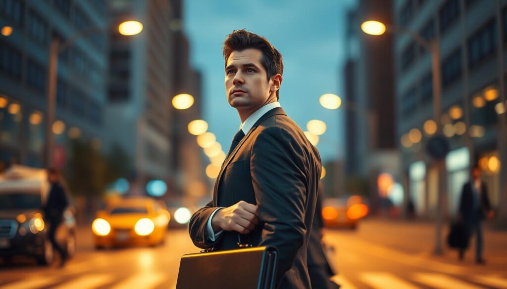 A corporate executive in a sharp suit, briefcase in hand, stands at a crossroads, contemplating their next career move. The lighting is warm and ambient, casting a pensive glow. The background is blurred, hinting at the bustling city streets and opportunities beyond. The subject's expression conveys a mix of determination and uncertainty, reflecting the complex emotions of a career transition. The composition emphasizes the sense of a pivotal moment, where the path forward is not yet clear, but the opportunity for change is palpable.