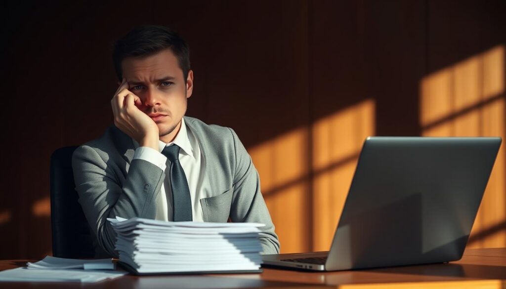 A corporate executive sitting at a desk, hesitantly resigning from a job after accepting an offer. The scene is somber, with the executive looking troubled, surrounded by neatly stacked documents and a laptop. Muted lighting casts long shadows, creating a pensive, contemplative atmosphere. The background is blurred, allowing the viewer to focus on the executive's conflicted expression as they contemplate the decision to decline the job offer after initially accepting it.